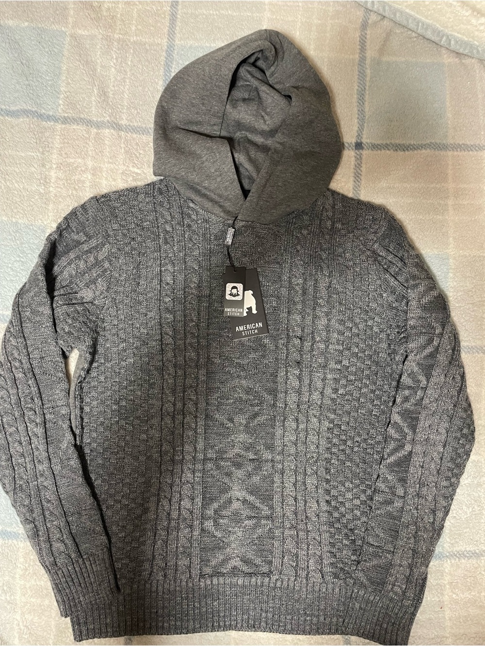 American Stitch Men's Charcoal Gray Cable-Knit Hooded Sweater